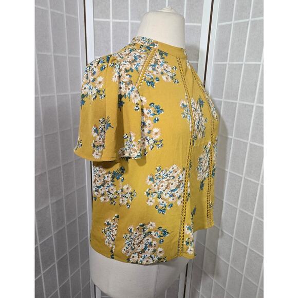 June & Hudson Woman Yellow Floral Lattice Flutter Sleeves Top Blouse Size Large - Picture 7 of 8